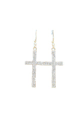 Double Row Gold Metal Rhinestone Cross Earrings